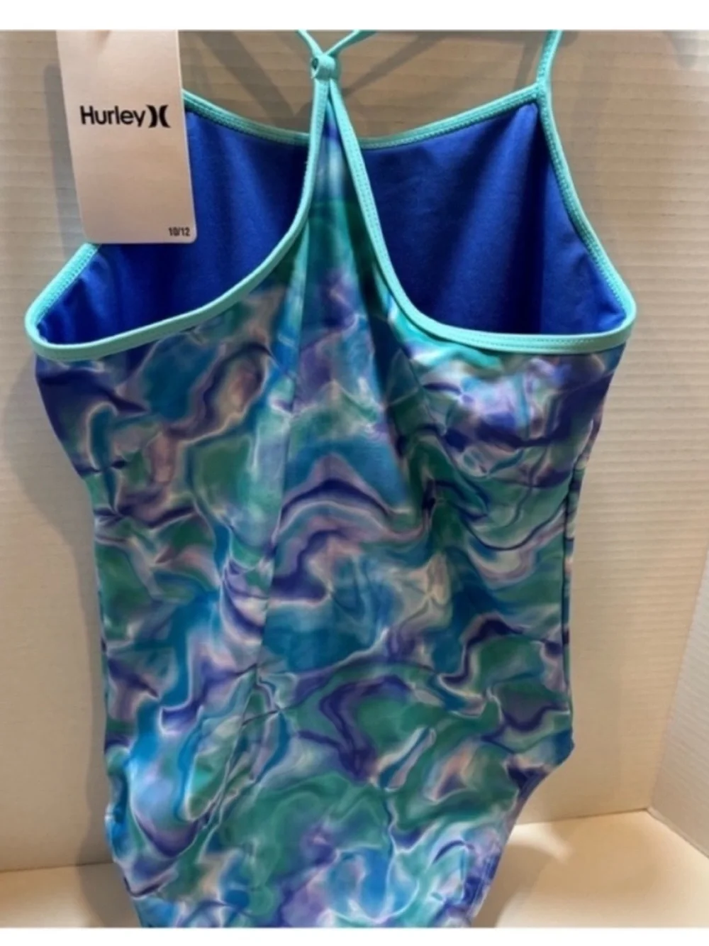 Hurley NEW One Piece Swimsuit Purple Blue Green Girls 10/12 Silver Heart Beach